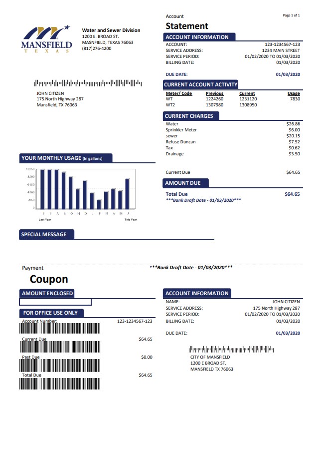 USA Mansfield Texas utility bill template in Word and PDF format (.doc and .pdf)